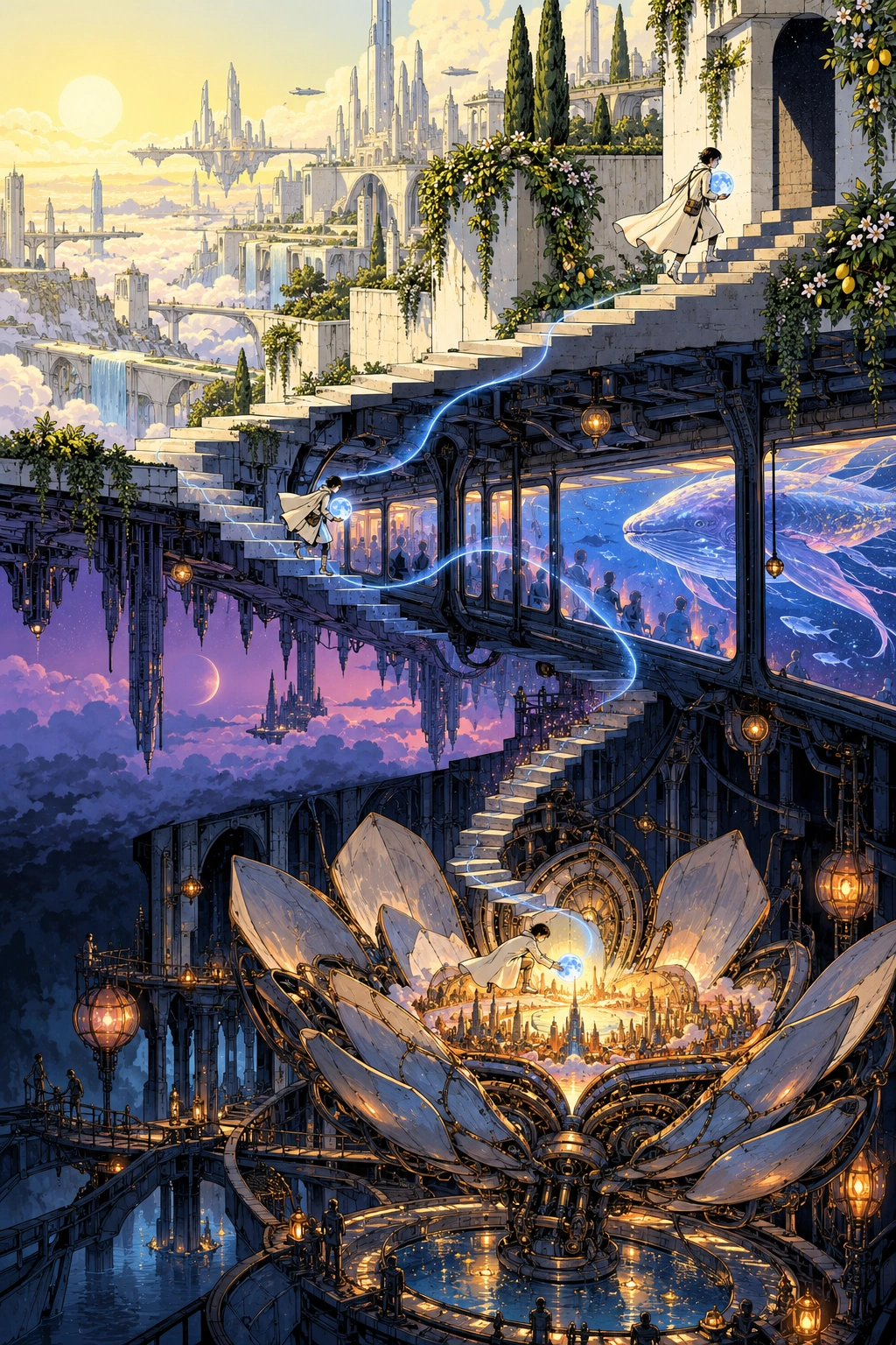 Ein Kurier trägt einen leuchtenden Mond durch eine futuristische Comicstadt, eine schwebende Bahn mit einem riesigen Fisch und eine mechanische Blüte.
